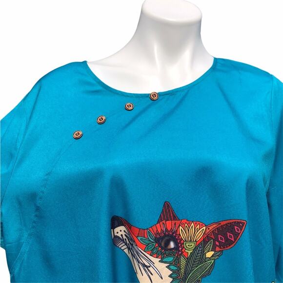 Teal abstract fox design short sleeve blouse tunic - Picture 2 of 8